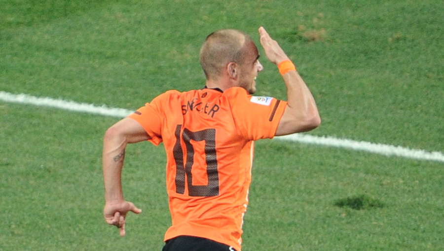 Wesley Sneijder celebrates his headed winner against Brazil